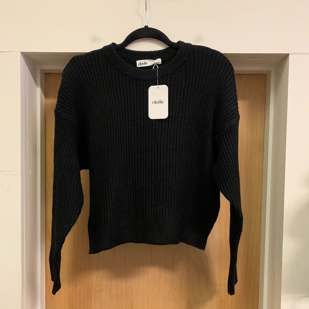 NWT! Elodie Black Ribbed Crew Neck Sweater Oversized Cropped - size S